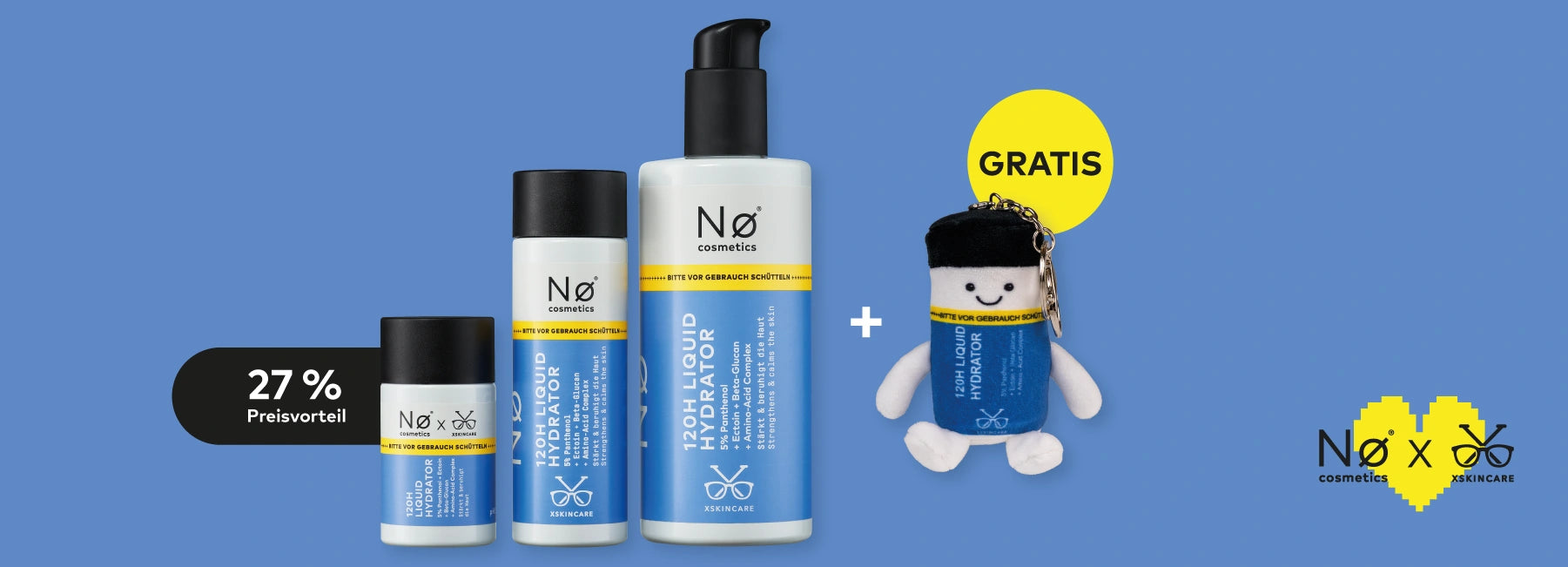 Liquid Hydrator in drei Größen nebeneinander aufgereiht neben einem Liquid Hydrator Charm auf blauem Hintergrund mit Nø Cosmetics und xskincare Logo, Desktop Ansicht.