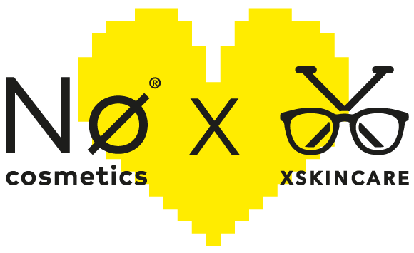 Logo von Nø Cosmetics und xwskincare auf transparentem Hintergrund und einem gelben Herz.