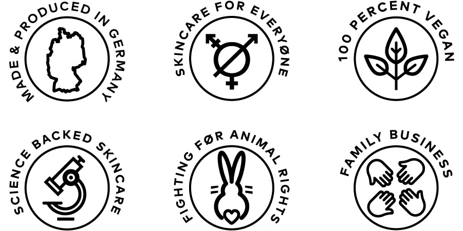 Unsere Werte bei Nø Cosmetics: Made in Germany, geschlechterneutrale Skincare, 100 % vegane Hautpflege, science backed skincare, keine Tierversuche, Familienunternehmen