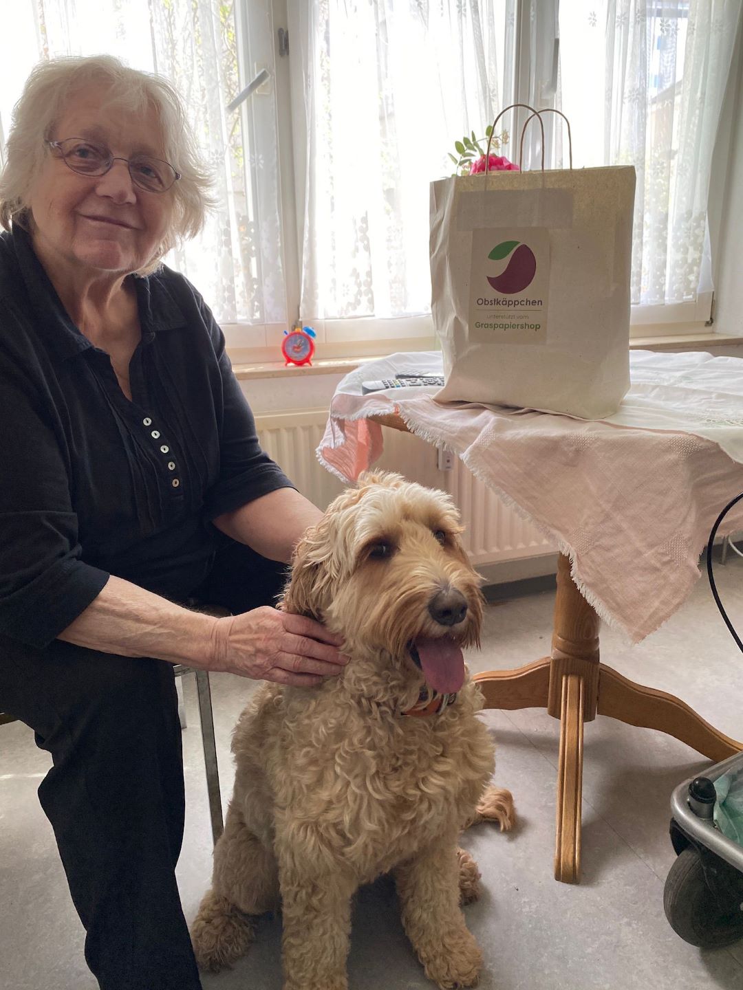 Eine Seniorin sitzt an einem Tisch in einer Wohnung und streichelt einen Hund.