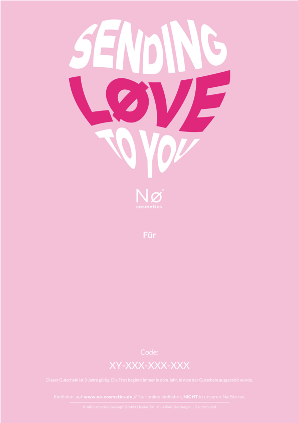 Gutschein Nø Cosmetics mit der Aufschrift "SENDING LØVE TO YOU"