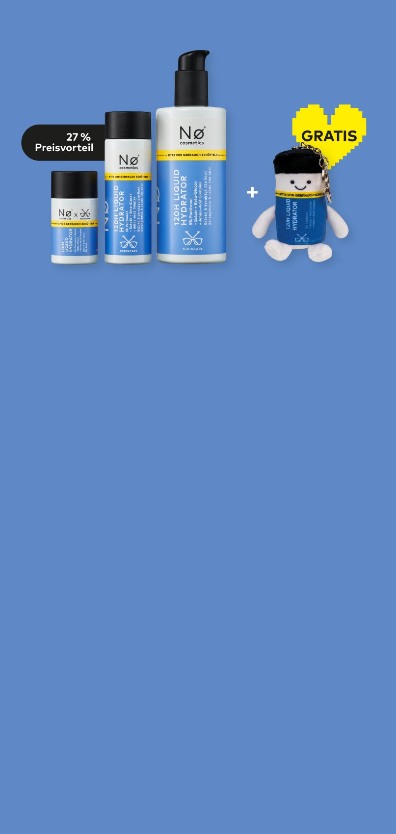 Drei Produkte von Nø Cosmetics in einer Reihe neben einem Liquid Hydrator Charm und GRATIS-Störer auf blauem Hintergrund, Mobile-Ansicht.