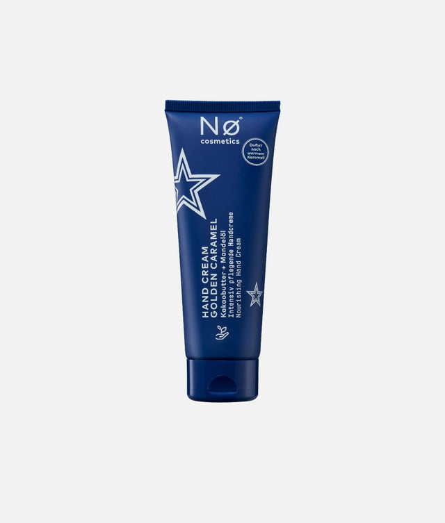 Winter 2026 Limited Edition Hand Cream Golden Caramel von Nø Cosmetics auf grauem Hintergrund.
