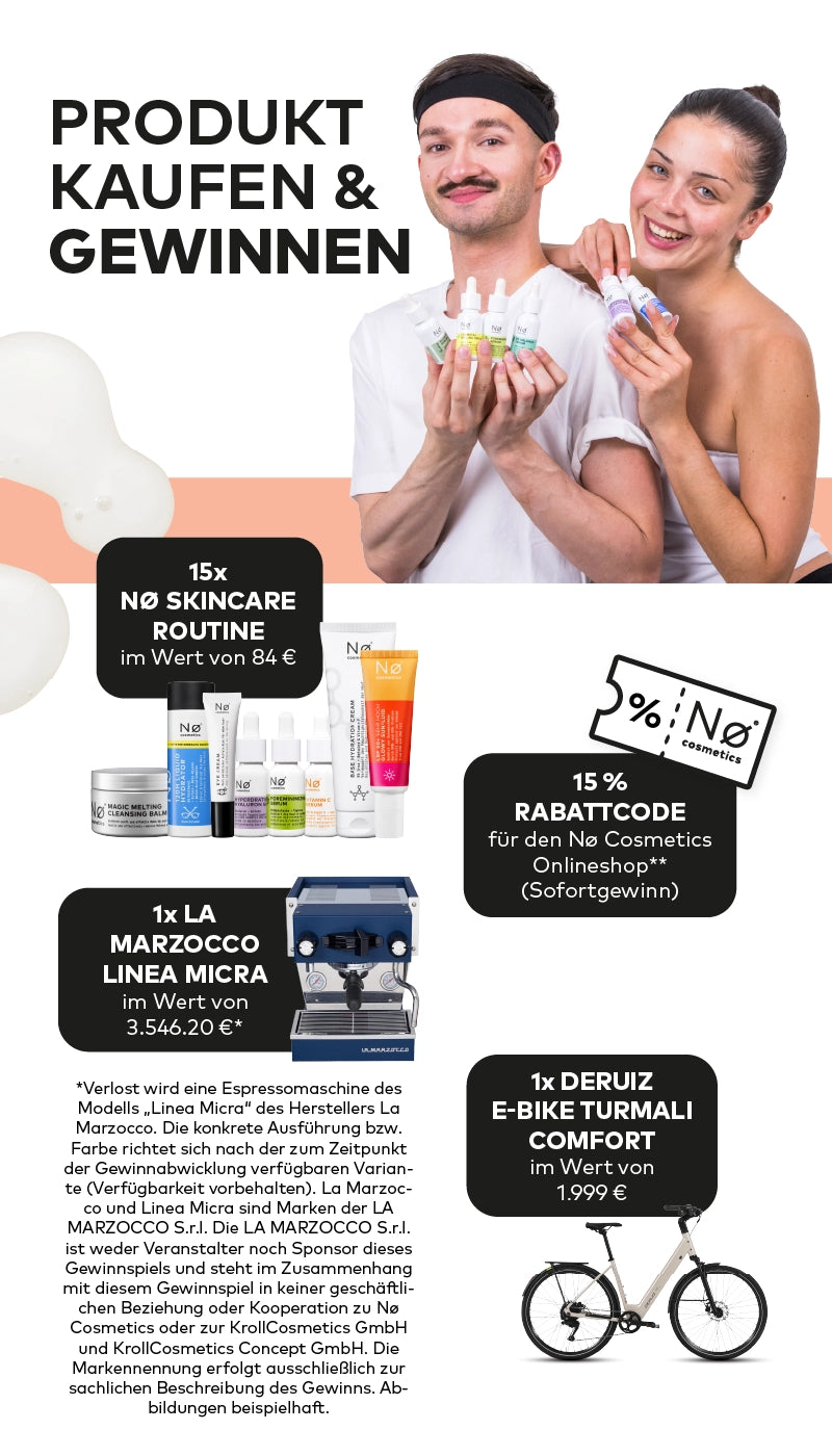 Zwei Personen präsentieren Nø Cosmetics Produkte neben verschiedenen Preisen des Gewinnspiels.