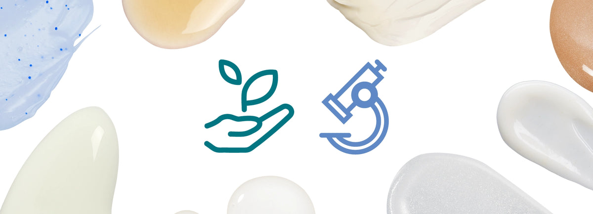 Verschiedene Skincare-Texturen mit Symbolen für Naturkosmetik und Wirkstoffkosmetik.