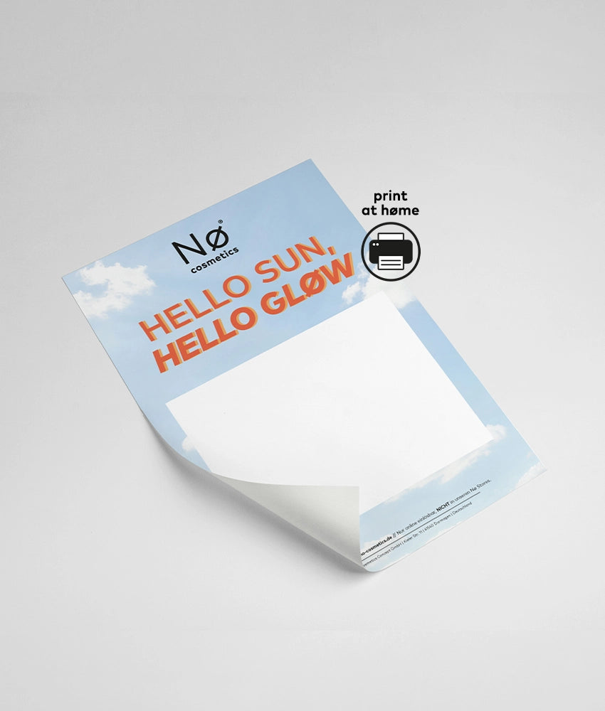 Geschenkgutschein Sommer 2026 mit dem Schriftzug "HELLO SUN, HELLO GLØW": Print at home Gutschein