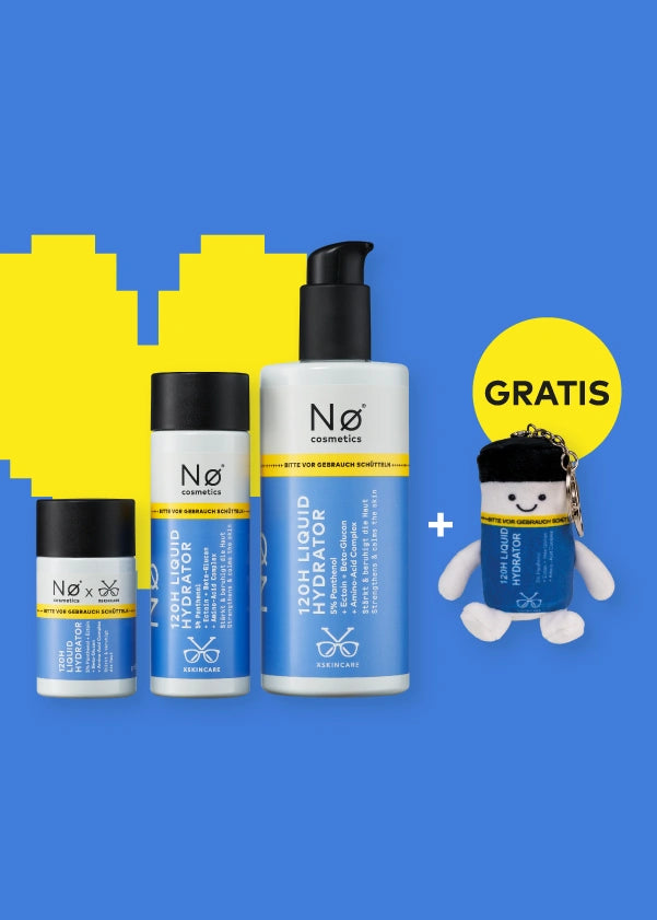Liquid Hydrator in drei Größen nebeneinander aufgereiht neben einem Liquid Hydrator Charm auf blauem Hintergrund, Menu Teaser.